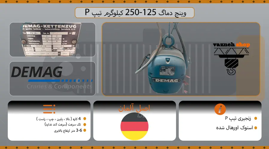 بالابر زنجیری دماگ 125-250 کیلوگرم تیپ P با کلاس کاری 2m چهار کاره تک سرعت 6 متر ارتفاع بالابری