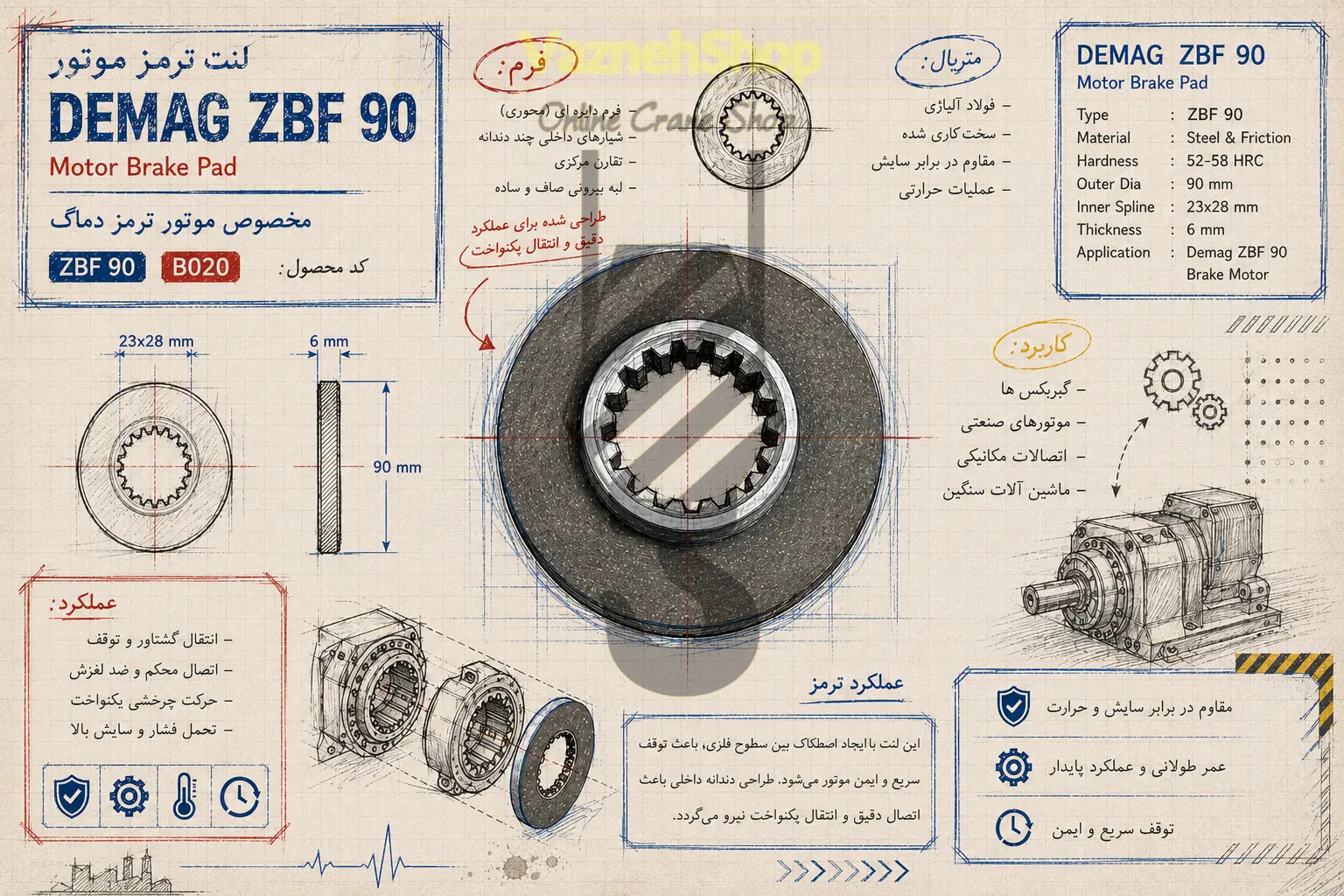 لنت ترمز B020 دماگ ساخت کمپانی DEMAG آلمان ، مناسب سیستم ترمز موتور ZBF90 و برخی سری های دیگر موترور های دماگ